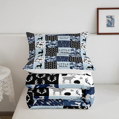 Manfei Camo Deer Antlers Comforter Set Twin,Geometric Checks Patchwork Bedding Set 2pcs for Kids Teens Boys Adults Room Decor,Boho Arrow Animals Quilt Set,Blue Xmas Duvet Insert with 1 Pillowcase