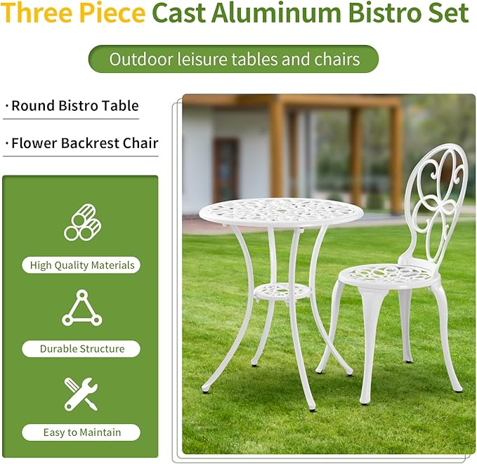 3 Piece Cast Aluminum White Bistro Set Outdoor Bistro Table and Chairs Set of 2,Metal Bistro Patio Table Set with Umbrella Hole,Patio furniture Set for Garden,Front Porch.