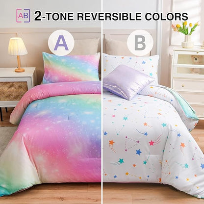 A Nice Night 6Pcs Gradient Glitter Bedding Set for Girls Twin Size, Colorful Rainbow Galaxy Comforter Set, Ultra Soft Bedding Sets, Pink