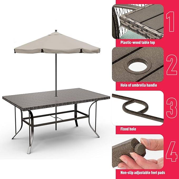 Pamapic Patio Dining Set, 7 Piece, Outdoor Wicker Furniture Set for Backyard Garden Deck Poolside/Iron Slats Table Top, Removable Cushion, Green