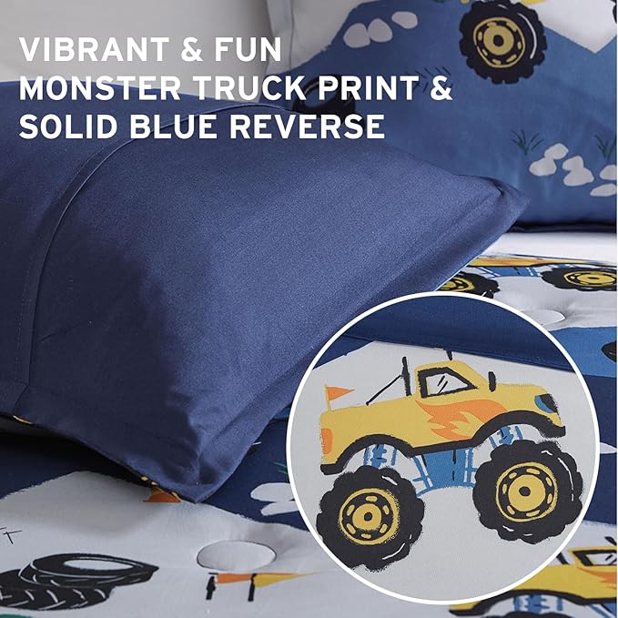 Mi Zone Kids Queen Comforter Set for Boys 4 Piece Monster Truck Comforter Set, Queen Bedding Set, Teen Microfiber Bed Set, Matching Shams, Embroidered Truck Throw Pillow, Full/Queen, Blue