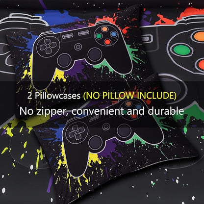 6Pcs Gamer Comforter Set with Sheets for Boys Girls Kids Teens, Colorful Graffiti Gaming Themed Bed in A Bag Full Size, Black 3D Video Game Controller Bedroom Decor Bedding Set