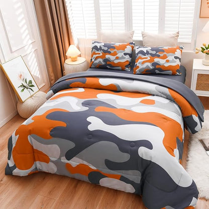 Meeting Story Camouflage Bedding Set, Colorful Pattern Style Comforter Set, 5 PCS One Comforter Two Pillowcases Two Sheets in One Bag, All Season Bedspread for Teens Adults (Orange, Full 5Pcs)