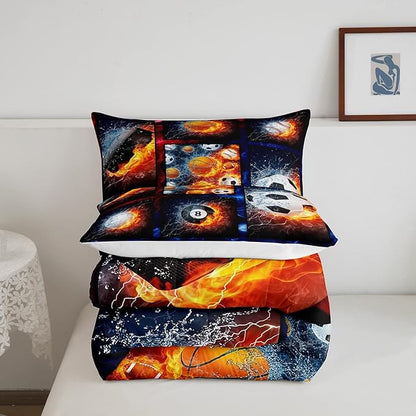 Sports Comforter Sets For Boys Full,Teen Basketball Baseball Football Bedding Comforter Set For Men Volleyball Soccer Hockey Quilt Comforter,Red Blue Water And Fire Lightning Bed Duvet 2 Pillow Cases