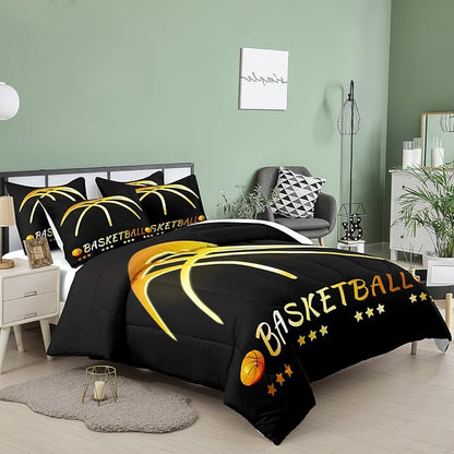 NINENINE Black and Gold Basketball Comforter Set for Boys Kids Teens Twin Size Sports Bedding Set Soft Microfiber Quilt Bed Set with 1 Comforter 1Pillowcase