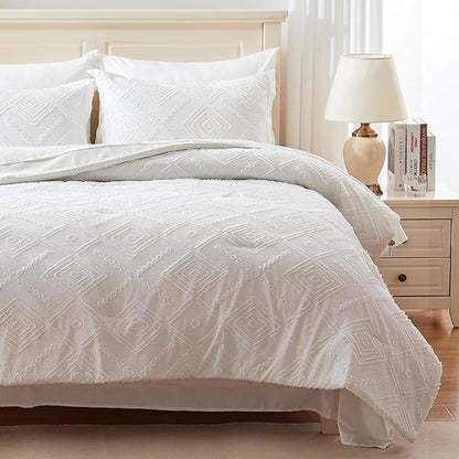 EMME King Comforter Set - 7 Pcs White Boho Comforter Set, Tufted King Size Bedding Sets with Sheets, Shabby Chic Embroidery Bed Set Fluffy Bed Bag for All Season(102"X90")