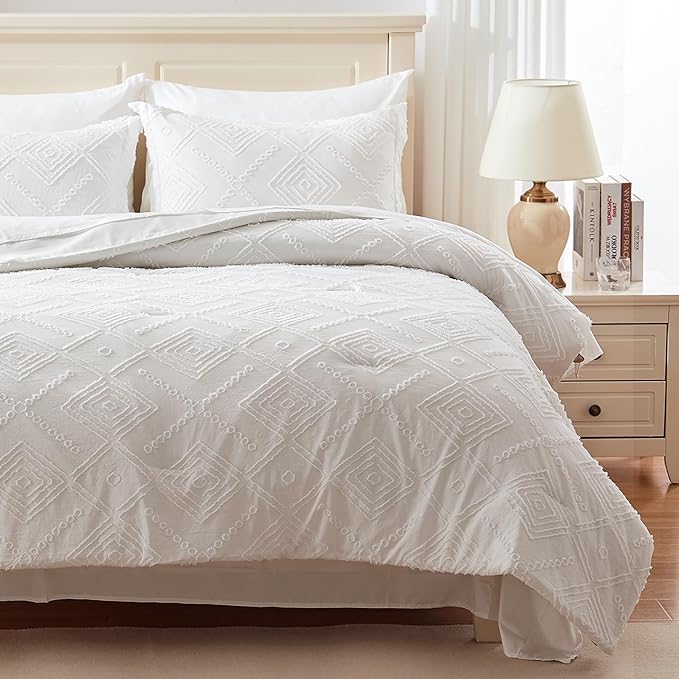 EMME Queen Comforter Set - 7 Pcs White Boho Bedding Sets, Full Size Tufted Comforter with Sheets, Shabby Chic Embroidery Bed Set Fluffy Bed Bag for All Season(90"X90")