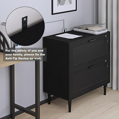 2 Drawer File Cabinet, Lateral File Cabinet with Lock, Rattan Wood Filing Organization Cabinet for Home Office, Black