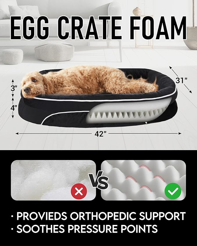 OhGeni Orthopedic Dog Bed Couch for X-Large Sized Pets with Egg Foam Support, Four-Sided Bolster Cushions, Soft Tear-Resistant Fabric, and Removable Machine Washable Plush Cover 42-Inch (Black)