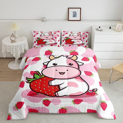 Feelyou Milk Cow Comforter Pink White Cow Strawberry Comforter Set Bedding Set for Kids Adults Kawaii Girls Milk Cow Print Duvet Set Soft Room Decor King Size Quilt Boys