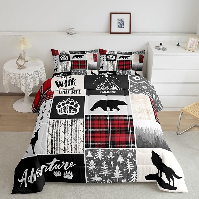 Deer Antlers Comforter Set Queen Size,Bear Paws Pine Trees Xmas Bedding Set for Kids Boys Girls Adults Room Decor,Lattices Patchwork Rustic Farmhouse Down Comforter,Red Duvet Insert,2 Pillowcases