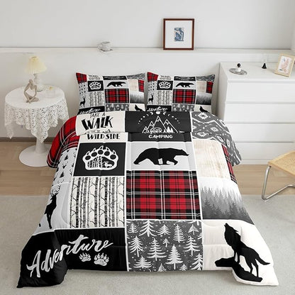 Deer Antlers Comforter Set Queen Size,Bear Paws Pine Trees Xmas Bedding Set for Kids Boys Girls Adults Room Decor,Lattices Patchwork Rustic Farmhouse Down Comforter,Red Duvet Insert,2 Pillowcases