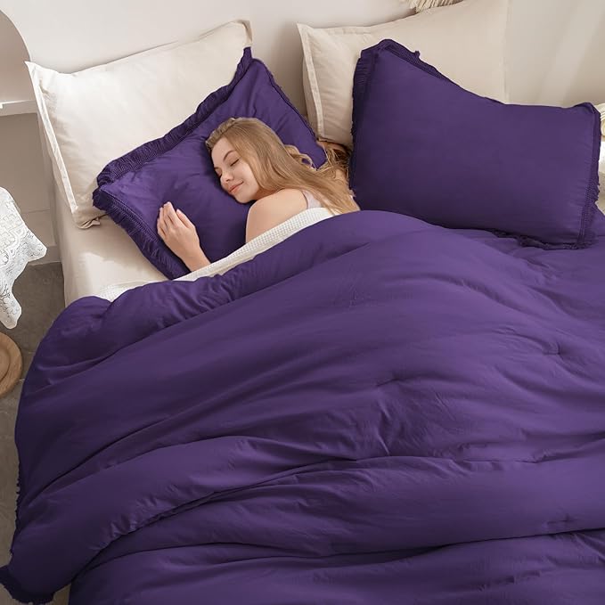 Andency Purple Comforter Set Full, 3 Pieces Boho Tassel Lightweight Bedding Comforter Sets, All Season Soft Fluffy Fringe Bed Set (79x90In Comforter & 2 Pillowcases)