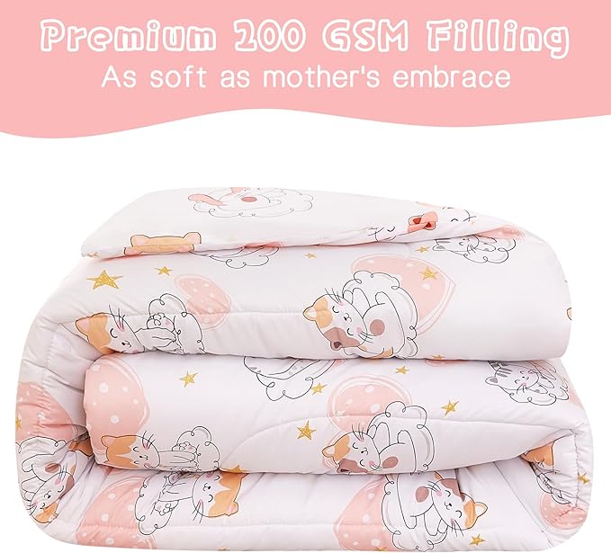 Cat Kids Comforter Set for Girls Twin, Cute Quilted Pink Heart Printed Bedding Set with Pillow Sham, Lightweight Soft Breathable Machine Washable Bed Set 2 Piece