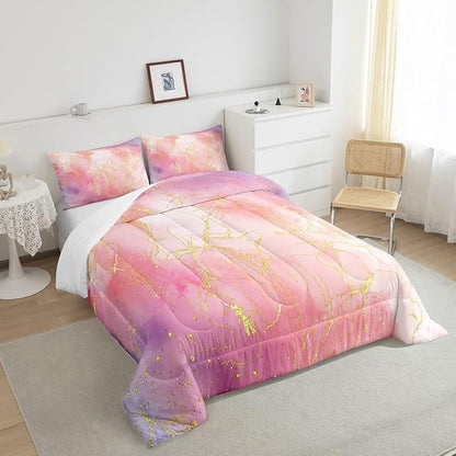 Golden Marble Bedding King Size, Tie Dye Gradient Bedding Comforter Sets for Boys Girls Women, Marbling Ink Painting Comforter Set Pink Purple Glitter Pastel Girls Room Decor with 2 Pillowcases