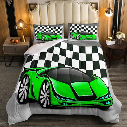 Erosebridal Kid Comforter Set King Size, Racing Car Bedding Set for Boys Girls Teen Kids Children Car Racing Gifts, Race Cars Quilt with 1 Comforter 2 Pillowcases,Green Grey Race Car Decor for Room