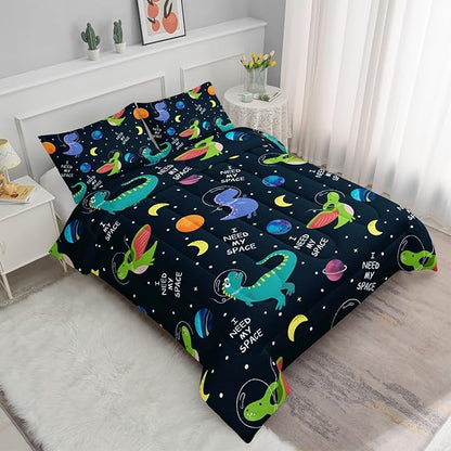 Datura home Dinosaur Space Dinos Comforter Bedding Set for Boys Kids Children,Celestial Bodies Colorful Dinosaur Print Bedding Set with 1 Comforter and 2 Pillowcases(Dinosaur Full)