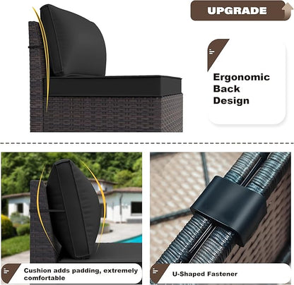 Patio Furniture Set Sofa 6-Pieces Wicker Sectional Sofa Set, Outdoor Furniture Rattan Patio Conversation Set with Thickened Cushion and Glass Coffee Table, Black