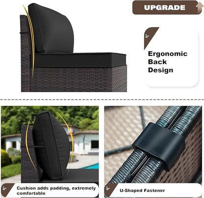 12PCS Patio Furniture Set Sofa Wicker Sectional Sofa Set, Outdoor Furniture Rattan Patio Conversation Set with Cushions and Glass Coffee Table, Black