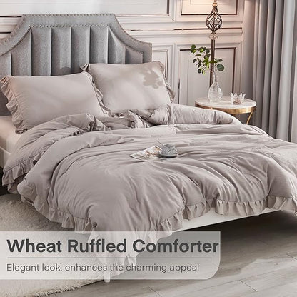 Andency Wheat Ruffle Comforter Set, 2 Pieces Kids Comforter Set Twin(66x90Inch), Farmhouse Shabby Chic Comforter Set, Soft Microfiber Kids Bedding Set