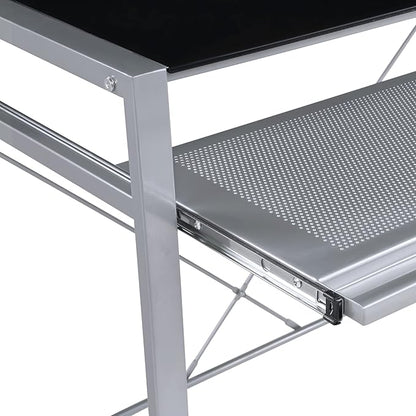 OSP Home Furnishings Zephyr Computer Desk with Keyboard Shelf and Tempered Glass Top, Black Glass and Silver Frame