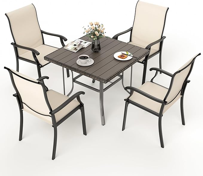 Pamapic 5 Pieces Patio Dining Set, Outdoor Table and Chairs for Garden Backyard Poolside Deck,Outdoor Furniture Set with Square Plastic-Wood Table Top,4 Textilene Chairs,Beige