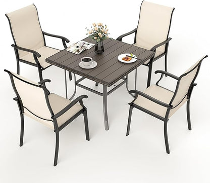 Pamapic 5 Pieces Patio Dining Set, Outdoor Table and Chairs for Garden Backyard Poolside Deck,Outdoor Furniture Set with Square Plastic-Wood Table Top,4 Textilene Chairs,Beige