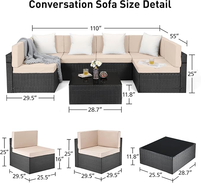 Pamapic 8 Pieces Patio Furniture Set Conversation Sofa with 42 Inch 50,000 BTU Auto-Ignition Outdoor Fire with Glass Wind Guard, Wicker Sofa (Black Wicker, Beige Cushions)