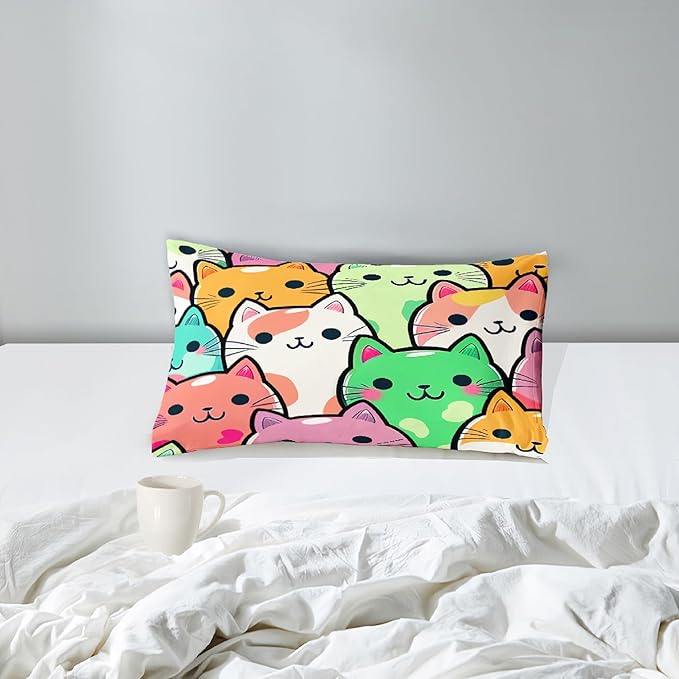 Cat Bedding Twin Size - Cat Comforter Set for Kids Girls Room Cartoon Cat Bedding Set Room Decor Teens Twin Comforter Sets for Girls, 1 Comforter+1 Pillowcase