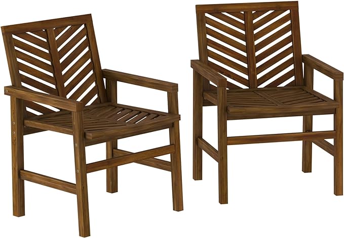 Walker Edison 2 Piece Outdoor Patio Chevron Wood Chair Set All Weather Backyard Conversation Garden Poolside Balcony, Set of 2, Dark Brown