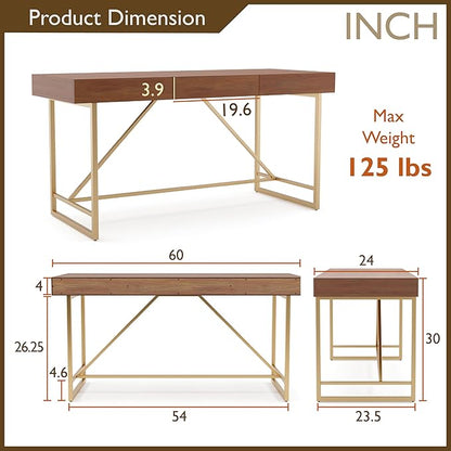 Lizon Modern 60 Inch Wood Desk with Drawers, Office Table with Storage, Vanity Without Mirror for Bedroom, Study Room, Dorm, 60-inch, Light Walnut Brown and Gold