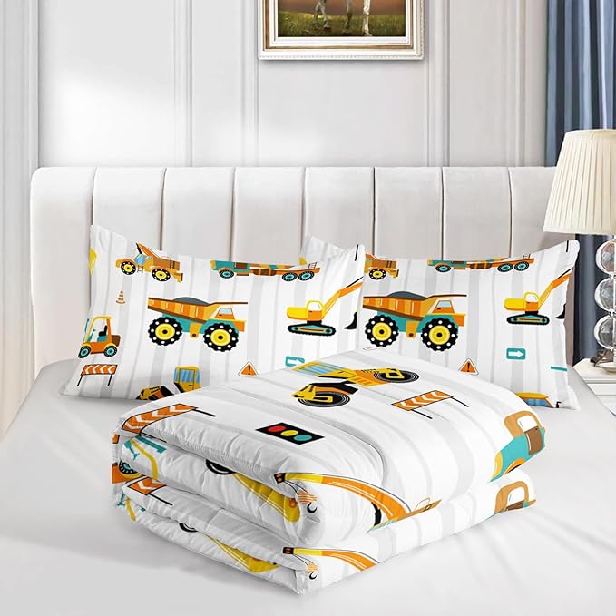 Axolotl Yellow Excavator Comforter Set Twin Size,Cartoon Excavator Bedding Set,Kids Machinery Truck Comforte Set,White Stripe Bedding Vehicle Car Decor for Kids Boys Teens,1 Quilt 2 Pillowcases