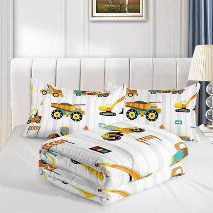 Axolotl Yellow Excavator Comforter Set Full Size,Cartoon Excavator Bedding Set,Kids Machinery Truck Comforte Set,White Stripe Bedding Vehicle Car Decor for Kids Boys Teens,1 Quilt 2 Pillowcases