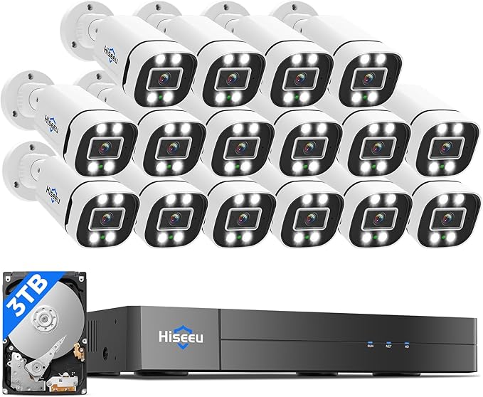 Hiseeu 16CH 3K Wired Security Camera System with Alarm Spotlight,Audio Vehicle/Person Detection 5MP 16CH DVR,5MP 16PCS Outdoor Indoor Surveillance CCTV Cameras 3TB HDD 24/7 Record Remote Access