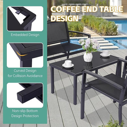 4 Pieces Patio Furniture Set Outdoor Garden Patio Conversation Sets Poolside Lawn Chairs with Tempered Glass Coffee Table Loveseat Porch Furniture Textilene Fabric Black
