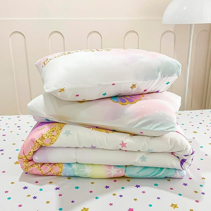Twin Size Comforter Set for Girls, 5-Piece Bed in a Bag, 3D Colorful Butterfly Bedding Comforter Sheet Set, Ultra Soft and Fluffy, Pink & Rainbow Color