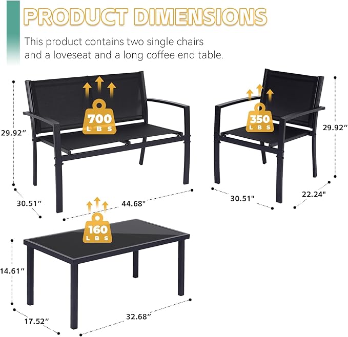4 Pieces Patio Furniture Set Outdoor Garden Patio Conversation Sets Poolside Lawn Chairs with Tempered Glass Coffee Table Loveseat Porch Furniture Textilene Fabric Black