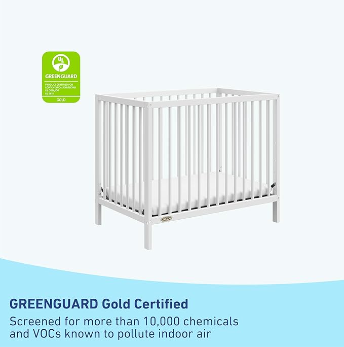 Graco Teddi 4-in-1 Convertible Mini Crib with Bonus Water-Resistant Mattress (White) – GREENGUARD Gold Certified, 2.75-Inch Mattress Included, Convenient Size, Easy 30-Minute Assembly