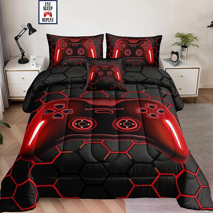 5 Pieces Bed in a Bag for Boys Bedding Sets Twin Size,Gamer Comforter Sets for Boys Kids, Gaming Comforter Set for Boys Room Decor with Flat Sheet,Fitted Sheet,Pillowcase,Cushion Cover