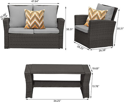4 Piece Patio Furniture Sets, All-Weather Wicker Conversation Sets, Outdoor Rattan Sectional Sofa Chair with Cushions and Coffee Table for balcony, garden, backyard, Grey