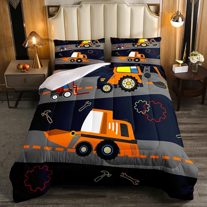 Kids Equipment Trucks Comforter Boys Excavators Bedding Set Construction Site Vehicle Car Decor Comforter Set Tractor Orange Black Grey QuiltCollection 3Pcs Full Size Boys
