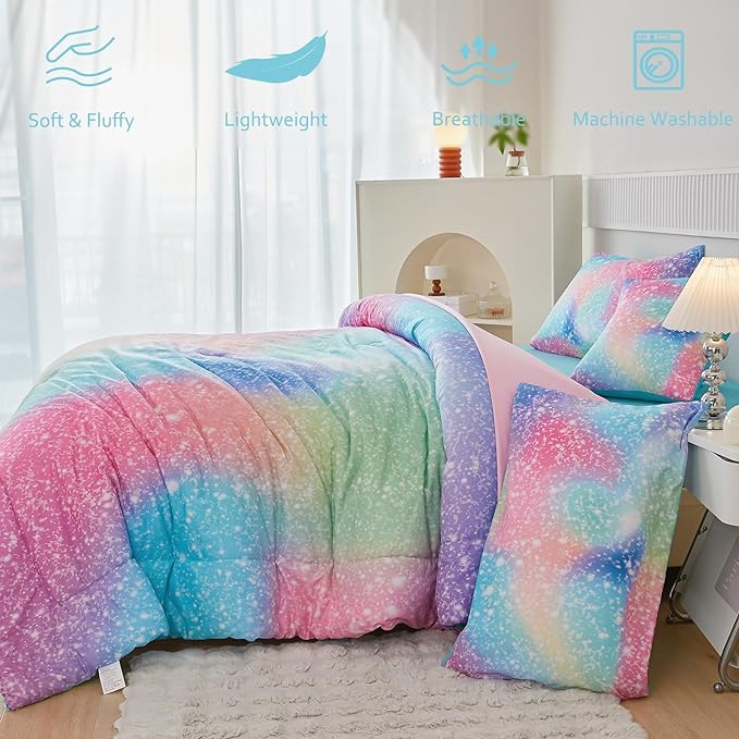 PERFEMET Full Size Comforter Sets for Kids Girls 6 Pieces Pink Green Ombre Rainbow Bedding Set Colorful Tie Dye Glitter Teen Girls Bed in A Bag