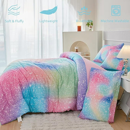PERFEMET Full Size Comforter Sets for Kids Girls 6 Pieces Pink Green Ombre Rainbow Bedding Set Colorful Tie Dye Glitter Teen Girls Bed in A Bag