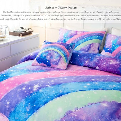 Tie Dye Blue Teens Comforter Set Queen for Girls, 3D Rainbow Gradient Glitter Bed in A Bag, 6 Pieces Twinkle Nebula Comforter Kids Bedding Set for All Season