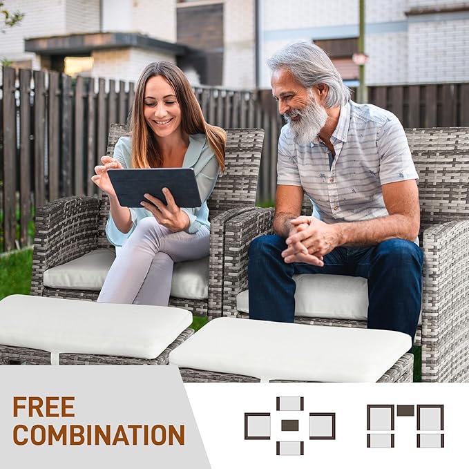 Outvita 5 Pieces Patio Furniture Set, Outdoor Rattan Sectional Sofa Conversation Sets with Coffee Table, Single Sofa and Ottoman for Garden Backyard Balcony Porch Poolside(Gray Gradient)