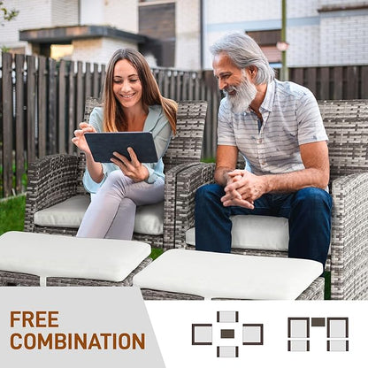 Outvita 5 Pieces Patio Furniture Set, Outdoor Rattan Sectional Sofa Conversation Sets with Coffee Table, Single Sofa and Ottoman for Garden Backyard Balcony Porch Poolside(Gray Gradient)