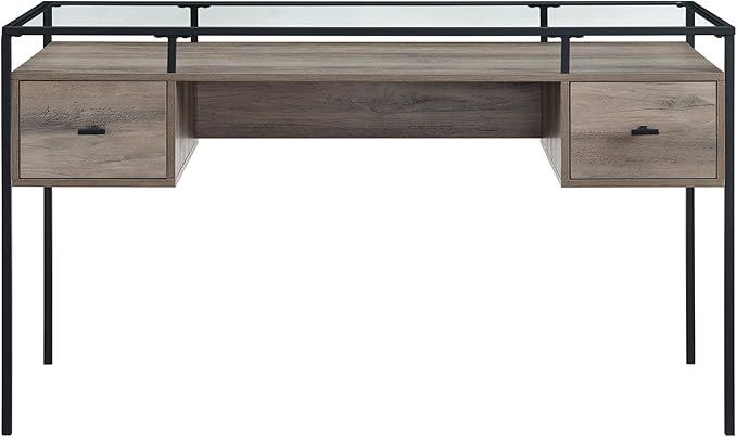 Walker Edison Writing Desk, 56, Glass Top 2 Drawer Computer, 56 Inch, Grey Wash