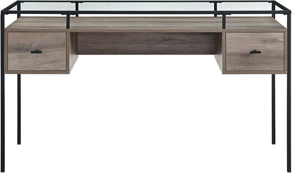 Walker Edison Writing Desk, 56, Glass Top 2 Drawer Computer, 56 Inch, Grey Wash