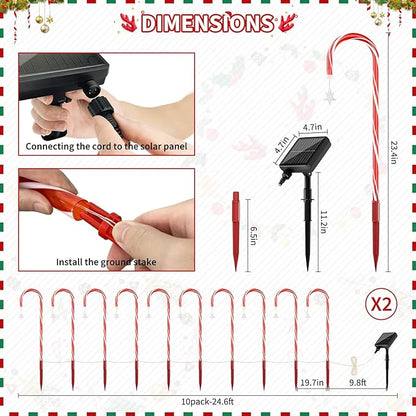 AOSEA 20 Pack Christmas Decorations Outdoor, 160 Red LEDs Solar Christmas Candy Cane Lights, Solar Pathway Lights with 8 Lighting Modes, Waterproof Solar Lights for Yard, Walkway, Lawn, Garden Decor