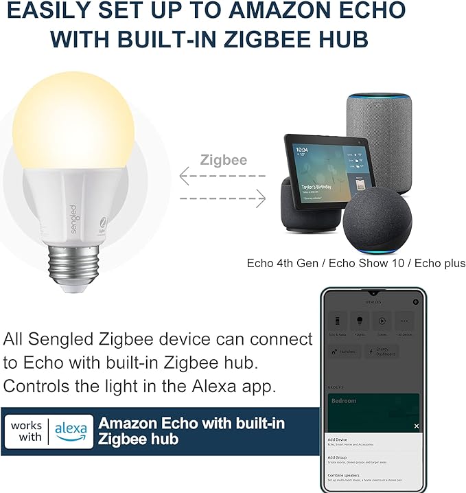 Sengled Zigbee Smart Light Bulbs, Smart Hub Required, Works with SmartThings and Echo with Built-in Hub, Voice Control with Alexa and Google Home, Soft White 60W Eqv. A19 Alexa Light Bulb, 6 Pack